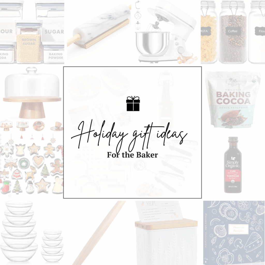 2025 Holiday gift guide for the baker cover photo with a collage of gifts in background.