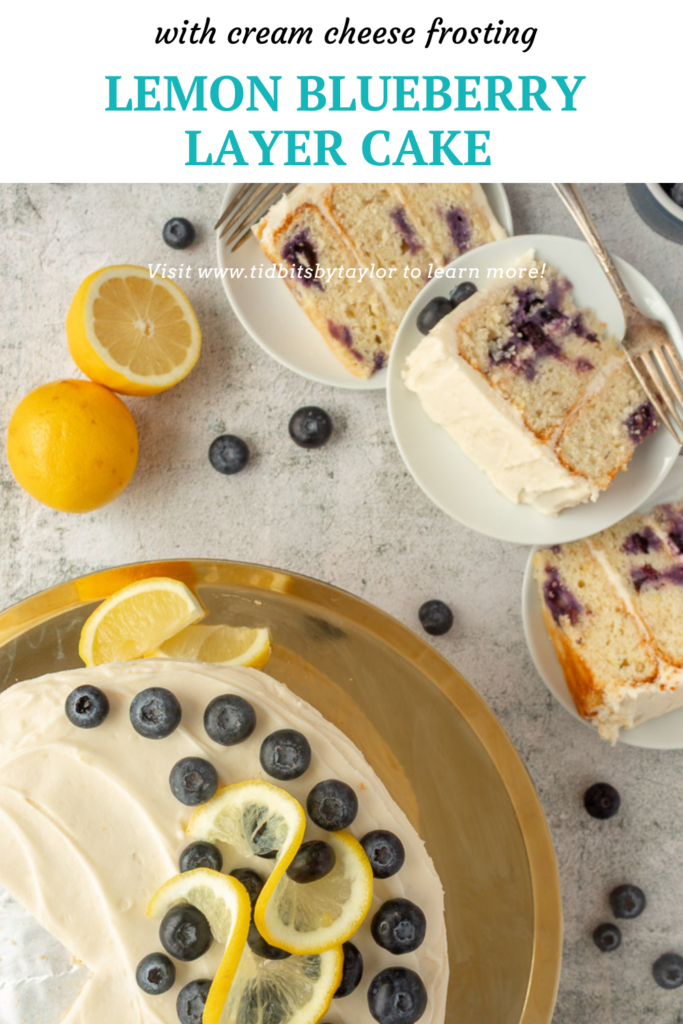 Lemon blueberry layer cake with cream cheese frosting pinterest image. Click to pin.
